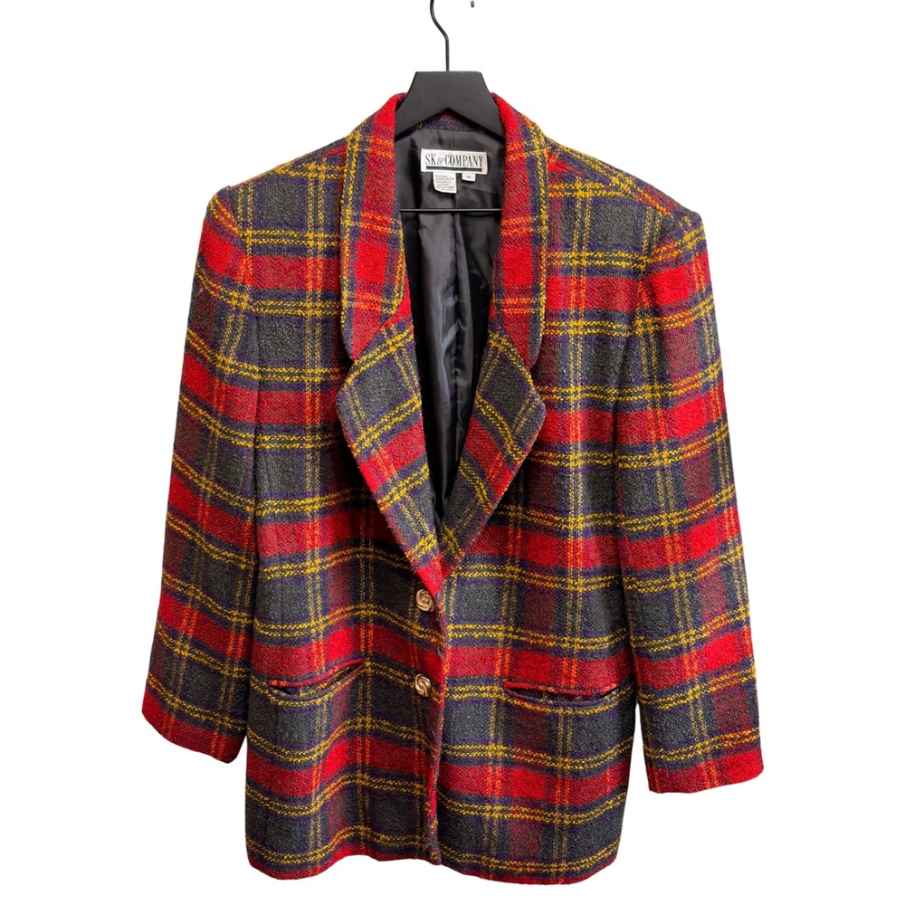 SK & Company Vintage Wool Blend Plaid Blazer Red Charcoal Yellow Size 14